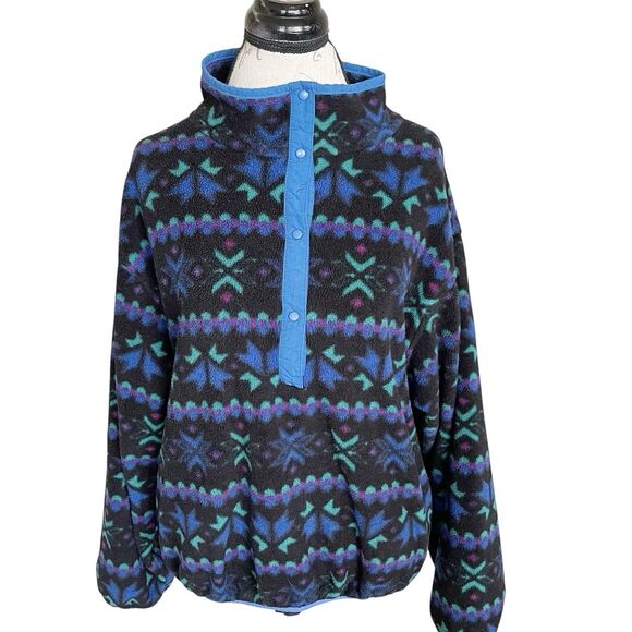 LL Bean Fleece Jacket Sz Large 90s Aztec Ski Geometric Outdoor Vtg Vibrant Indie - Picture 1 of 12